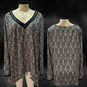 Maria Gabriell Jrs 3X Black Print Crochet Beaded Neck Hanky Hem Long Sleeve Top